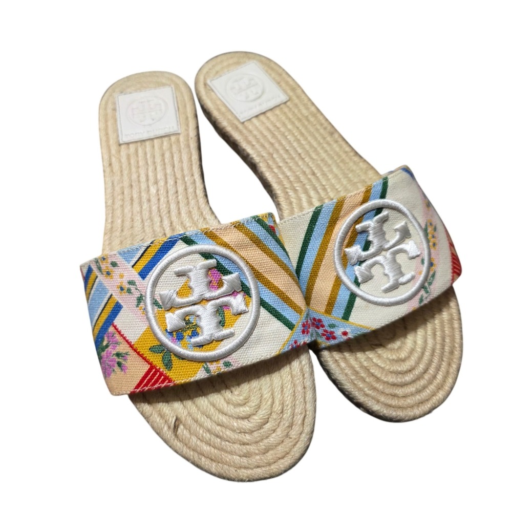 Tory Burch Women 6.5 Benton Espadrille Slide Sandals Multicolor Floral Logo